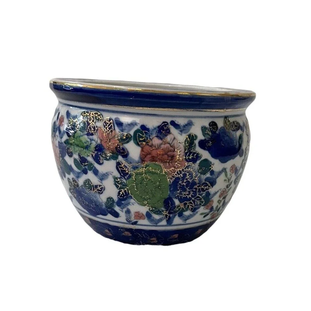 Chinese Style Koi Coi Pond Bowl Miniature Floral Cobalt Blue & Pink 3.5